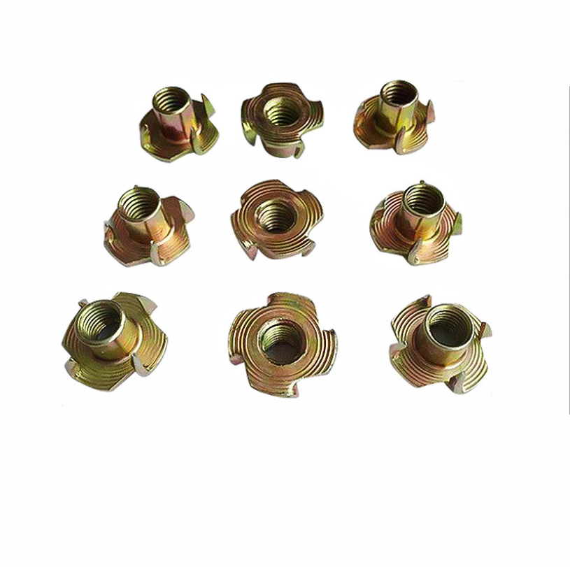 Color Yellow Zinc Plated Female Wood T Tee Four Claw Nut 4 Prong Tee Nuts