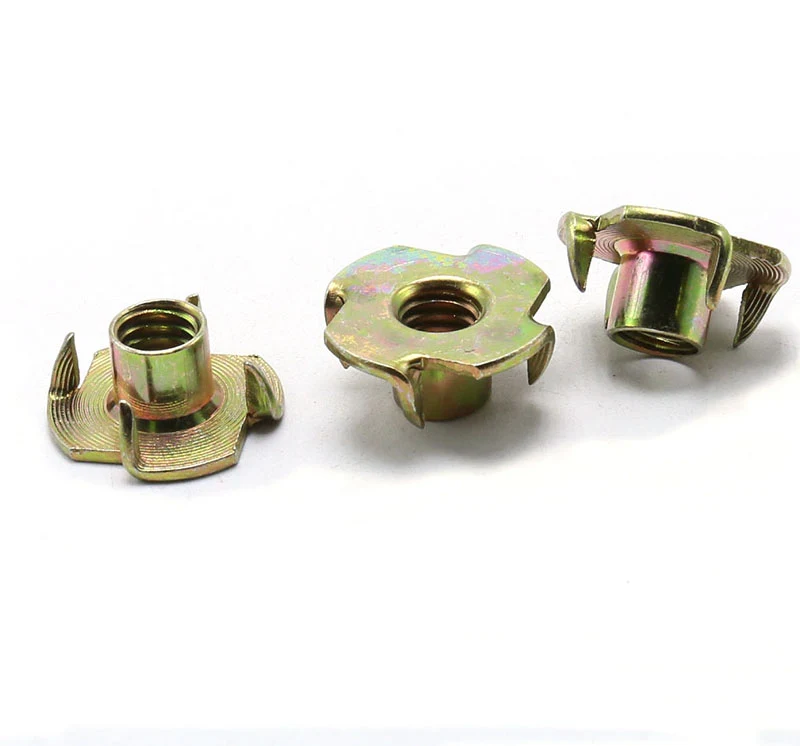 Color Yellow Zinc Plated Female Wood T Tee Four Claw Nut 4 Prong Tee Nuts